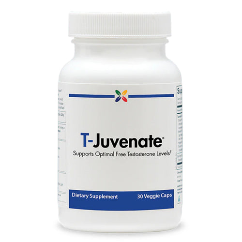 View 1 T-Juvenate Testosterone Support bottle containing 30 vegetable capsules for enhancing testosterone levels and overall wellness.